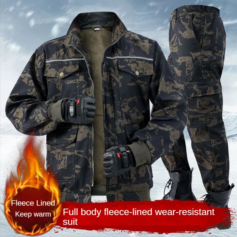 Men's Cold Proof Warm Keeping Camouflage Suit Autumn And Winter Plush Thickened Work Clothes Suit Auto Repair Labor Protection