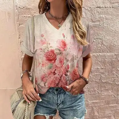 Women V Neck Short Sleeve T-Shirt Vintage Oil Painting Floral Print Loose Fit Casual Everyday Summer Ladies Fashion Basic Top