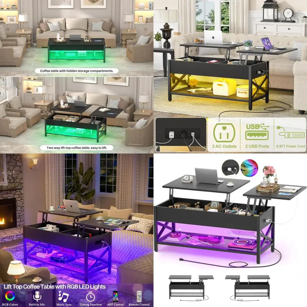 

LED-Illuminated, Power-Equipped Lift-Top Coffee Table with Storage, 41.7W x 19.69L x 19.7H