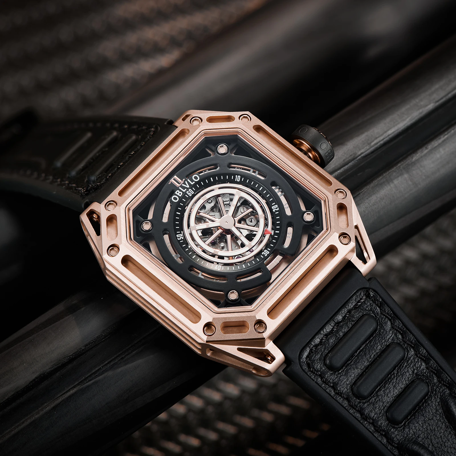 OBLVLO Luxury Brand Super Luminous Men Sport Watch Rose Gold Mechanical Automatic Watch Square Waterproof Rubber Watch AK