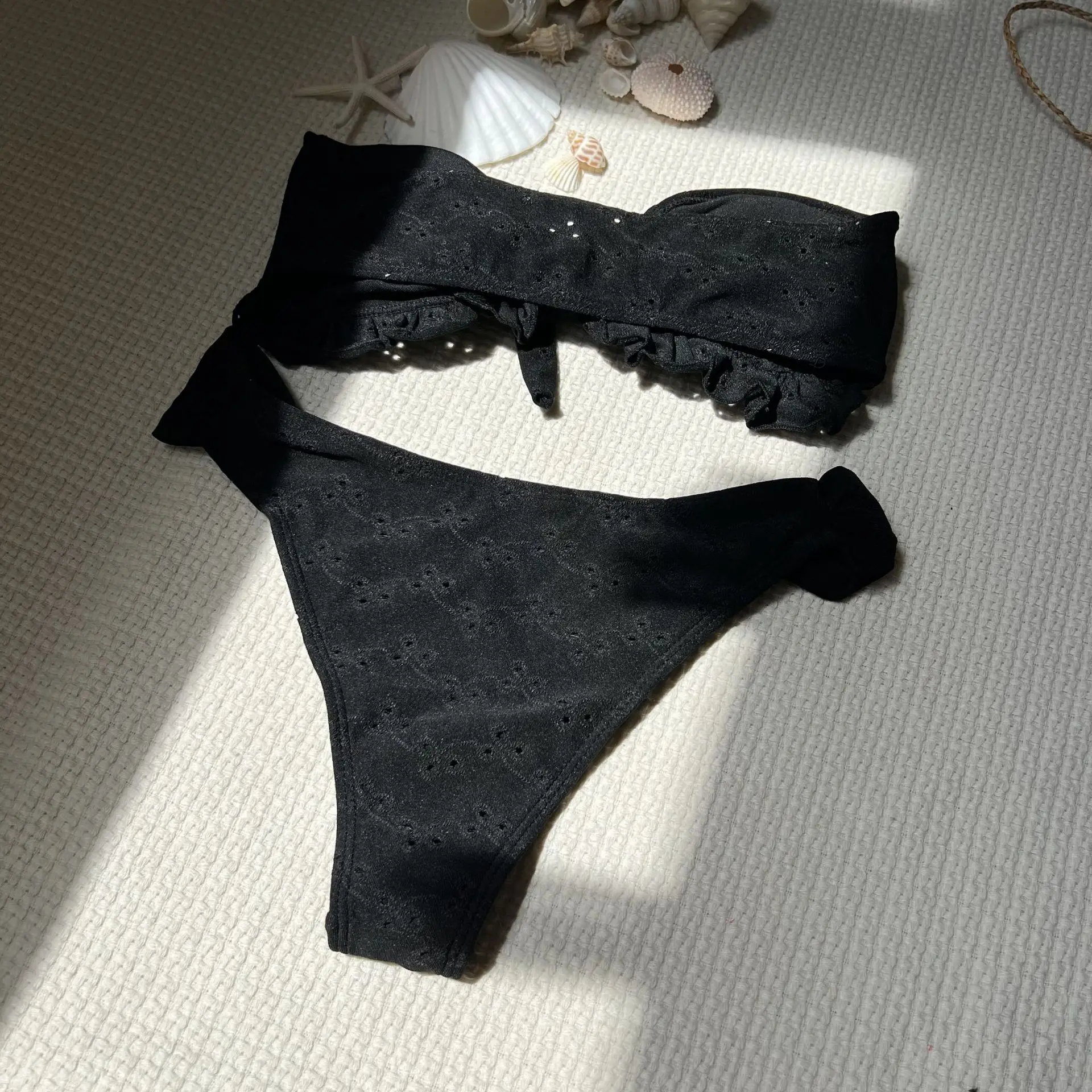 Sexy babados gravata frontal bandeau bikinis define duas peças maiôs simples banho biquini conjunto de biquíni tankini trikini