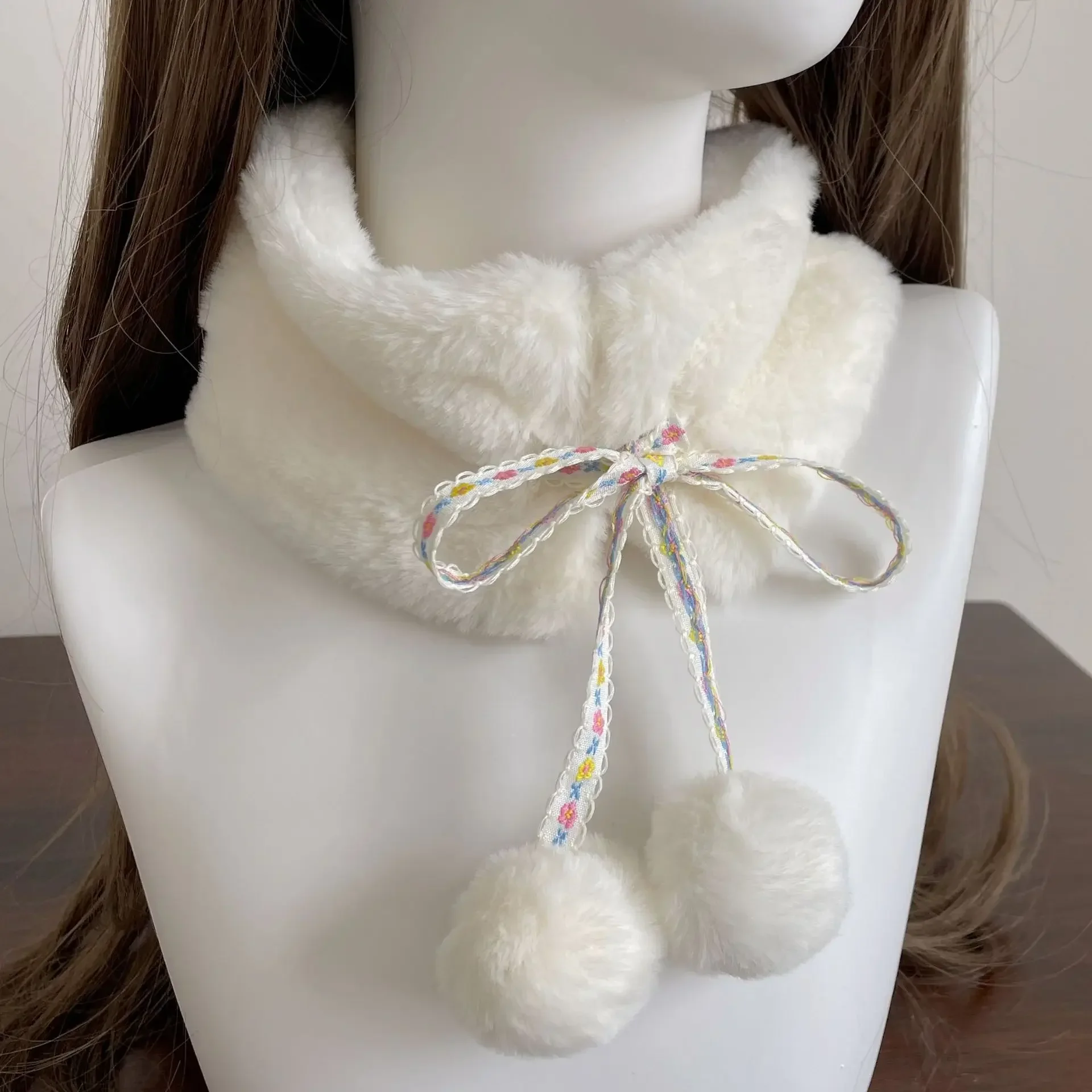 Kawaii Japanese Hairball Hair Collar Scarf Winter Thickened Warm Cute Imitation Fur Rabbit Plush Tie Rope Neckerchief Y2k Scarf