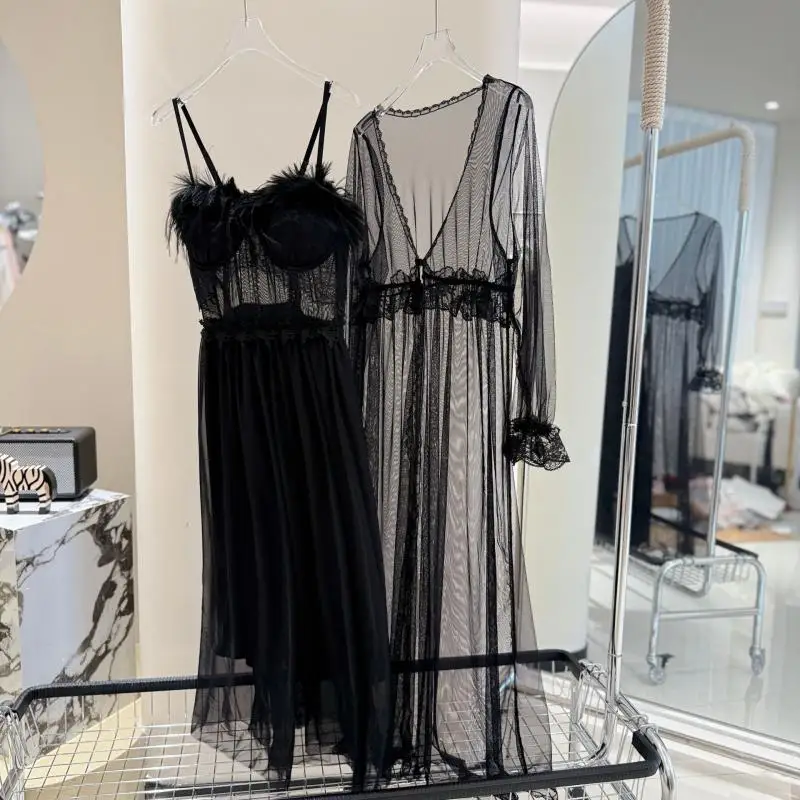 Fee Hochzeit Robe Set Braut Morgen Morgen Morgenmantel Sexy Mesh Perspektive Robe Anzug 2Pcs Spaghetti Strap Pyjamas Dessous