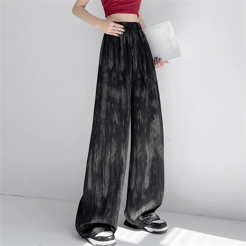 Seoulish Retro Ice Silk Tie Dye Wide Leg Pants for Women 2025 New Summer Spring Fashion Loose Straight Casual Leg Women's Pants