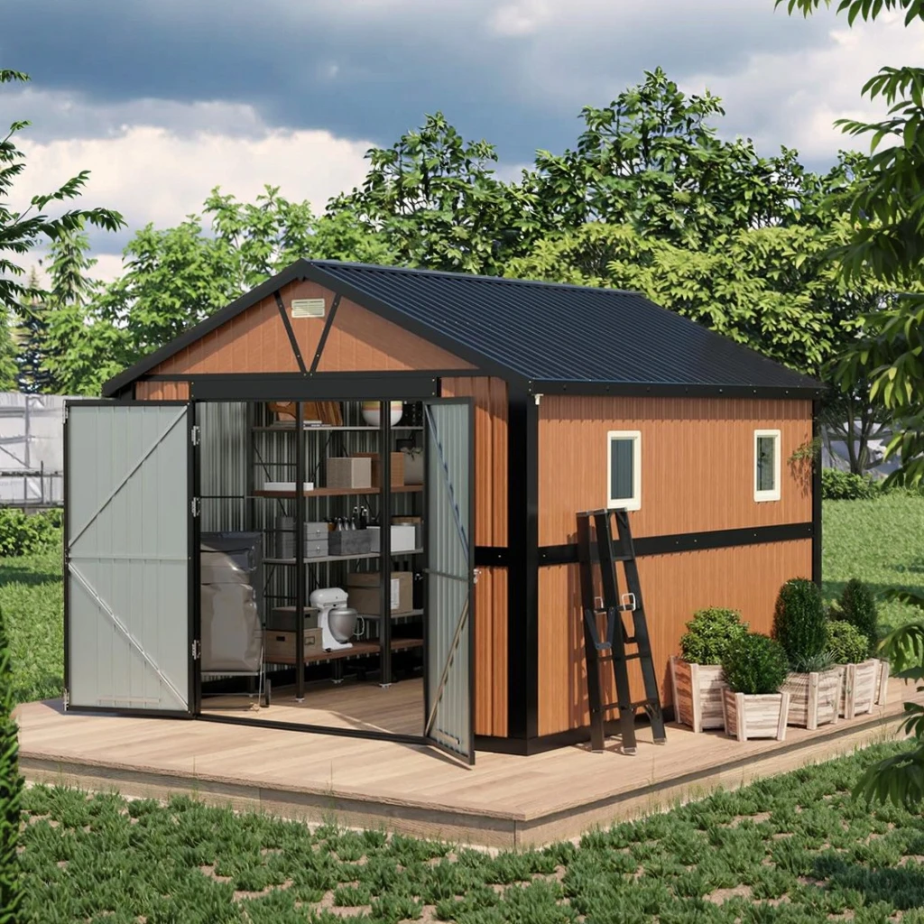 Galpão de armazenamento exterior de grandes dimensões com janelas bloqueadas para jardim, quintal, pátio, galinheiro