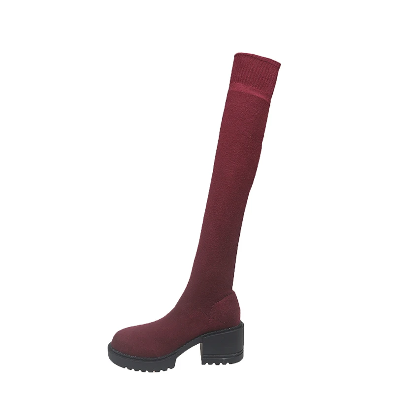 Starke Ferse Über Das Knie Socke Stiefel Frauen Elastische Stricken Lange Stiefel Frau Komfort Slip auf Plattform Socke Schuhe Plus Größe 35-43