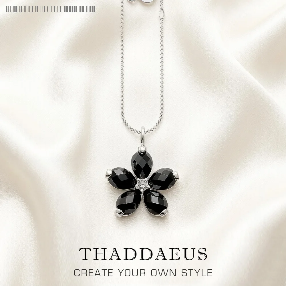 

Necklace Black Petals Flower Summer Brand New Romantic Fine Jewelry Europe 925 Sterling Silver Gift For Women