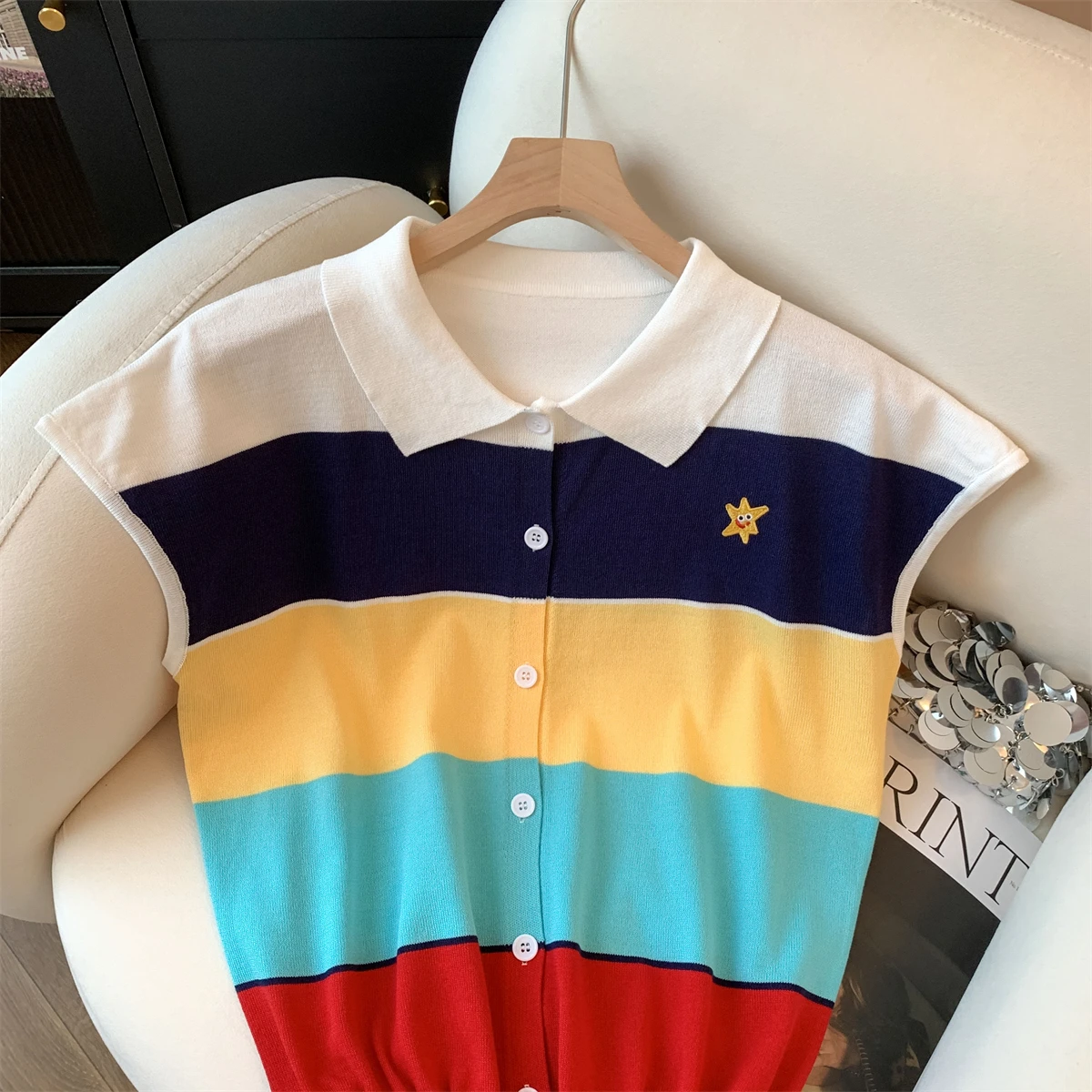 Dopamina colorido listrado camisola coletes feminino malha topos camisetas 2025 verão cordão elegante chique moda malhas camisetas