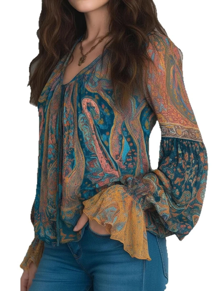 

Этнические женские винтажные богемные топы с рюшами, длинными рукавами и V-образным вырезом, повседневные блузки, модные рубашки с принтом пейсли, пляжные футболки в стиле бохо