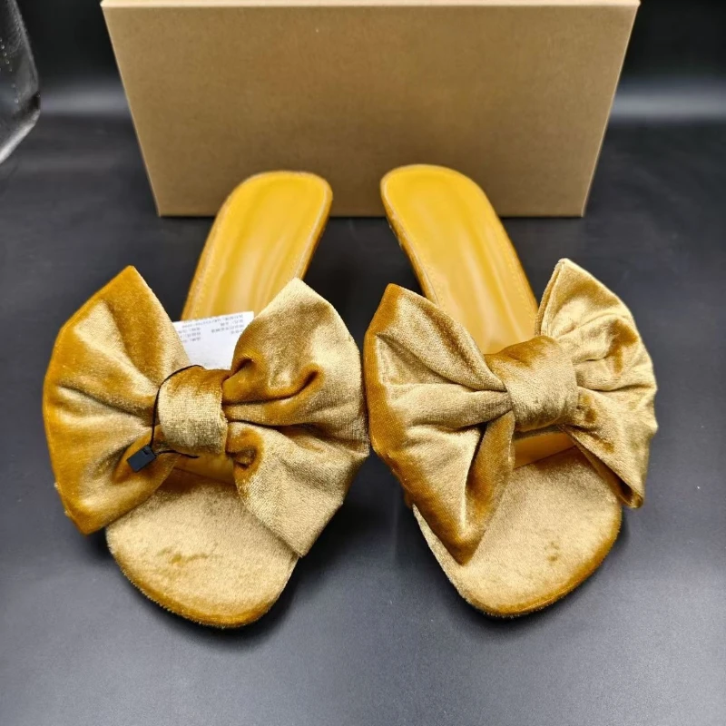 Womens Bow Heeled Slides Open Toe High Heel Sandals Velvet Dressy Slippers Elegant Party Wedding Summer Shoes