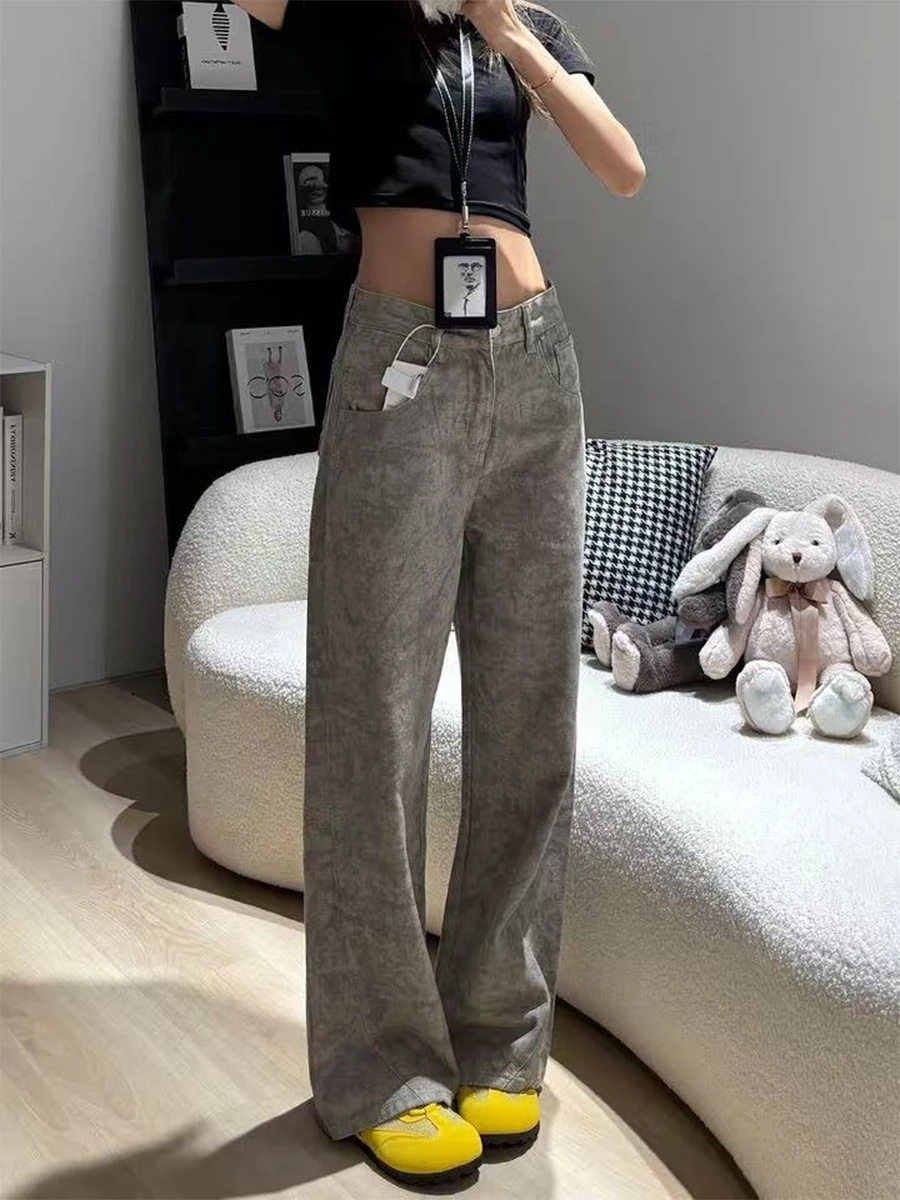 

Джинсы женские больших размеров с высокой талией, американский стиль, деним, весна-осень, свободные, широкие штанины, прямой крой, утягивающие брюки