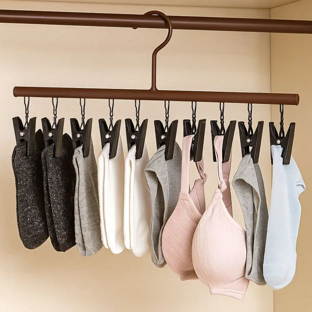 

10 Clips Clothes Drying Hanger Wooden Windproof Socks Hanging Rack Non-slip Metal Clip Storage Organiser Bathroom Dryer