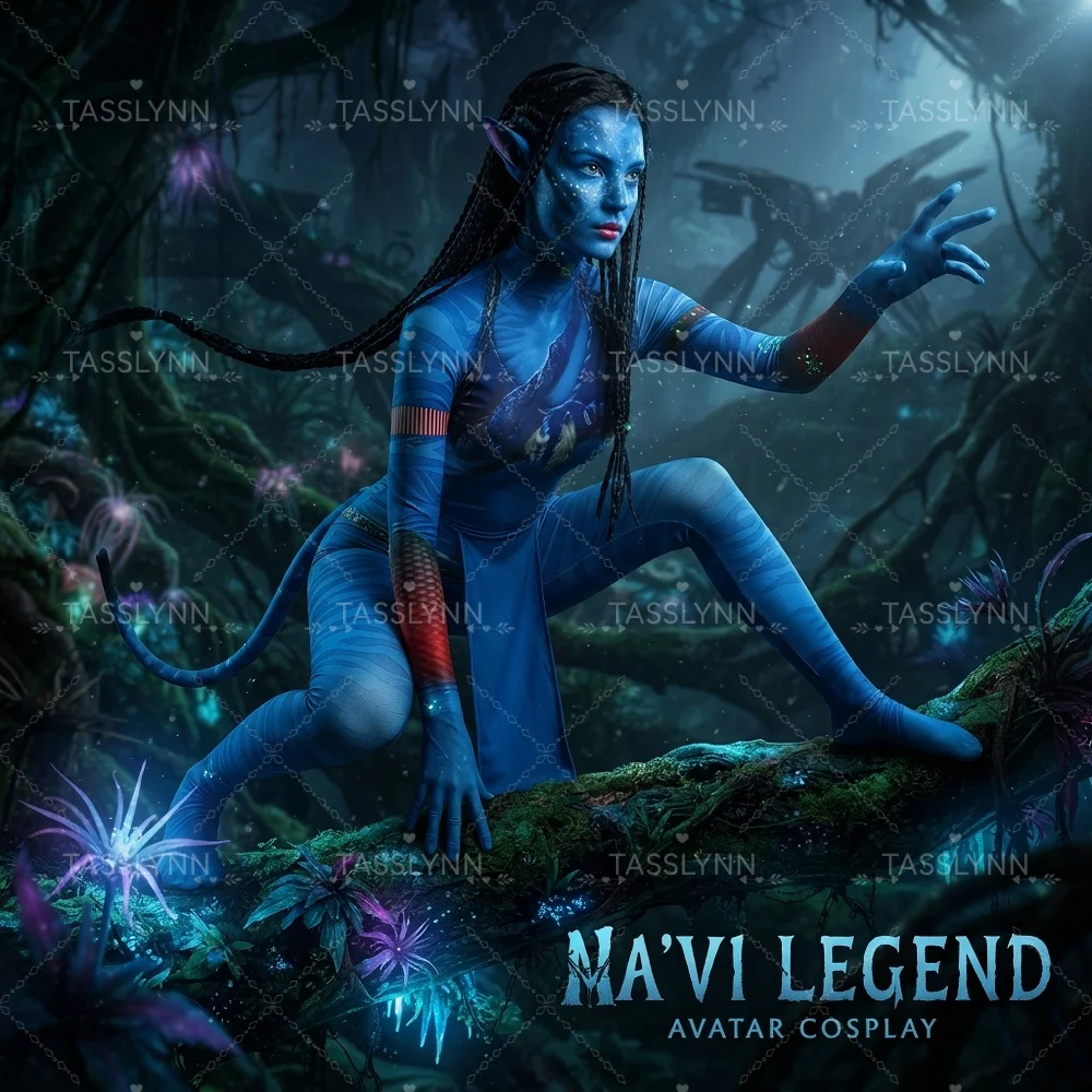 Neytiri Cosplay Zentai Bodysuit Blue Skin Texture Full Body Jumpsuit with Tail for Women Halloween Neytiri Zentai Suit