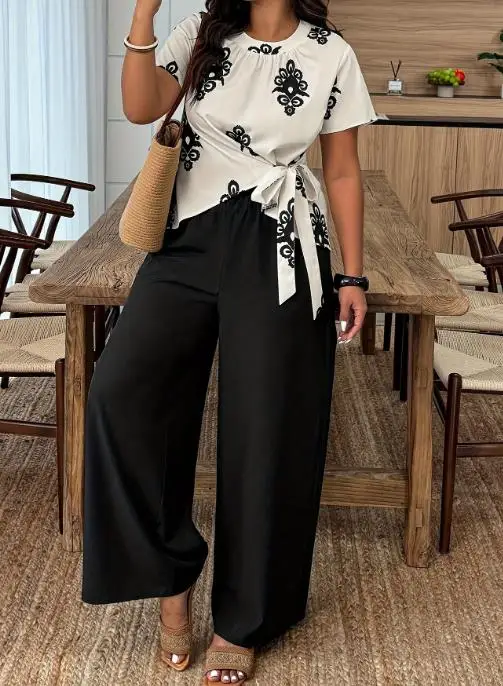 

Women's plus size casual printed side tie irregular top and black pants set for spring/summer 2025