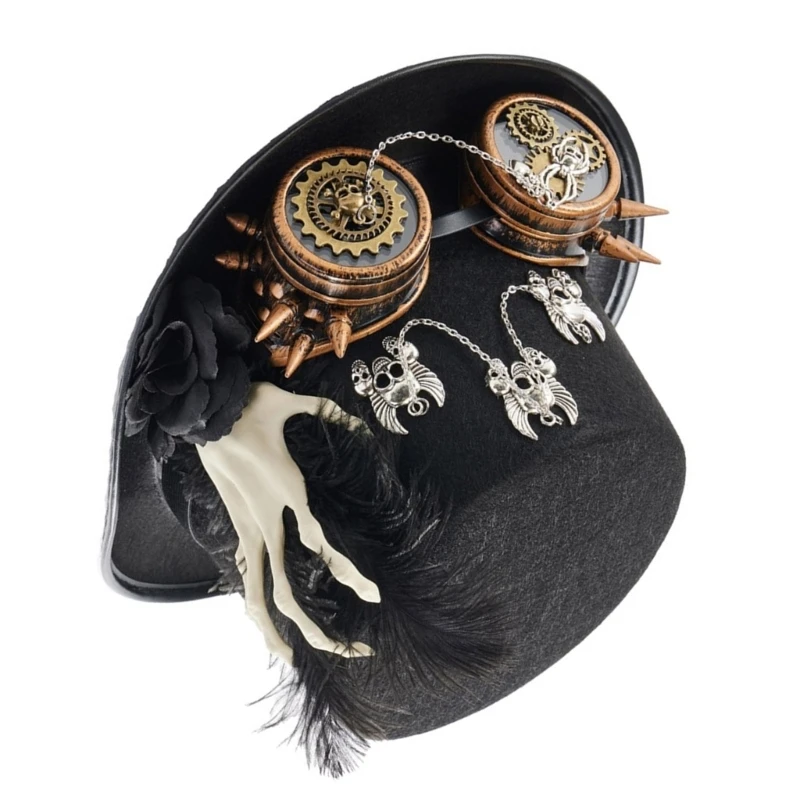 

Steampunk Flat Top Hat Halloween Costume Hat Black Carnivals Top Hat with Goggles and Hand Skeleton for Women Dress DropShipping