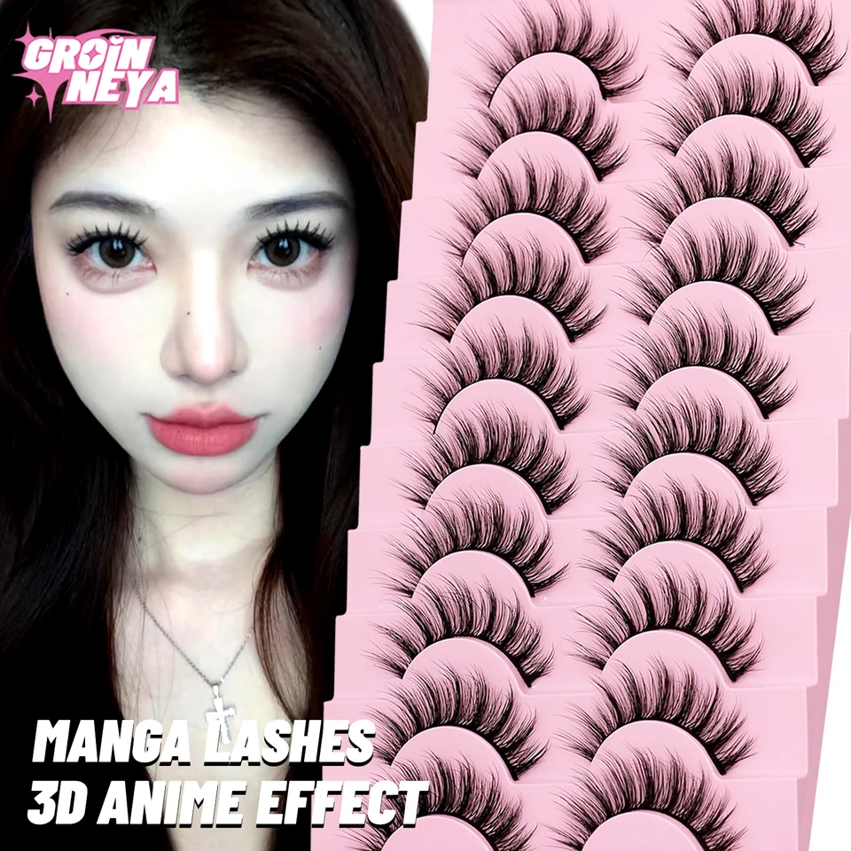 10 pares de pestañas postizas naturales y esponjosas, wispy, tiras de volumen 3D, curva D, para maquillaje 2