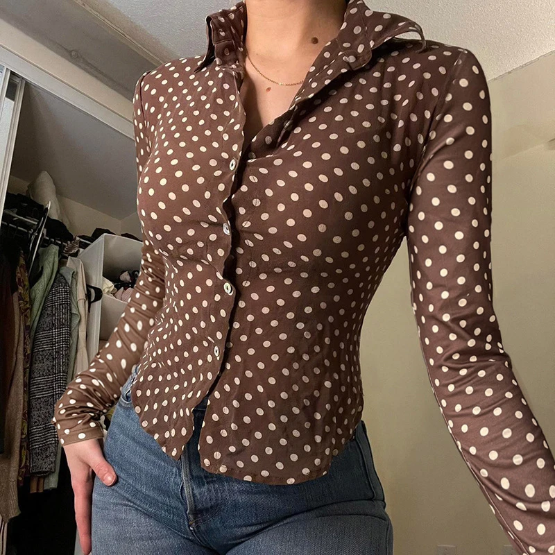 Xingqing y2k Clothes Top Women Vintage Clothes Polka Dot Print Lapel Collar Long Sleeve Shirt 2000s Aesthetic Blouse Streetwear