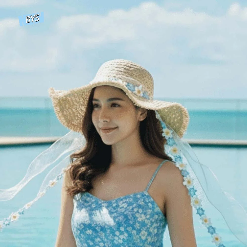 

Breathable Vacation Beach Cap with Garland Lightweight Big Brimmed Straw Hat Sombrero Sunshade Topi Woven Sun Cap Carnival