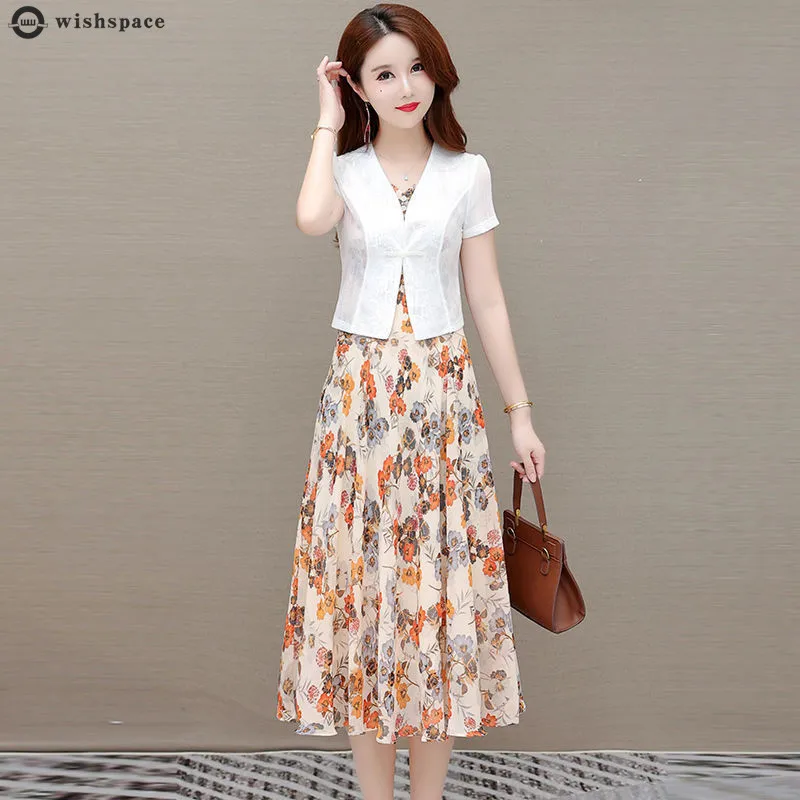 

Printed Chiffon Dress Women's Suit Spring and Summer 2022 New High-end Fashion Leisure Two-piece Elegant Women's Skirt