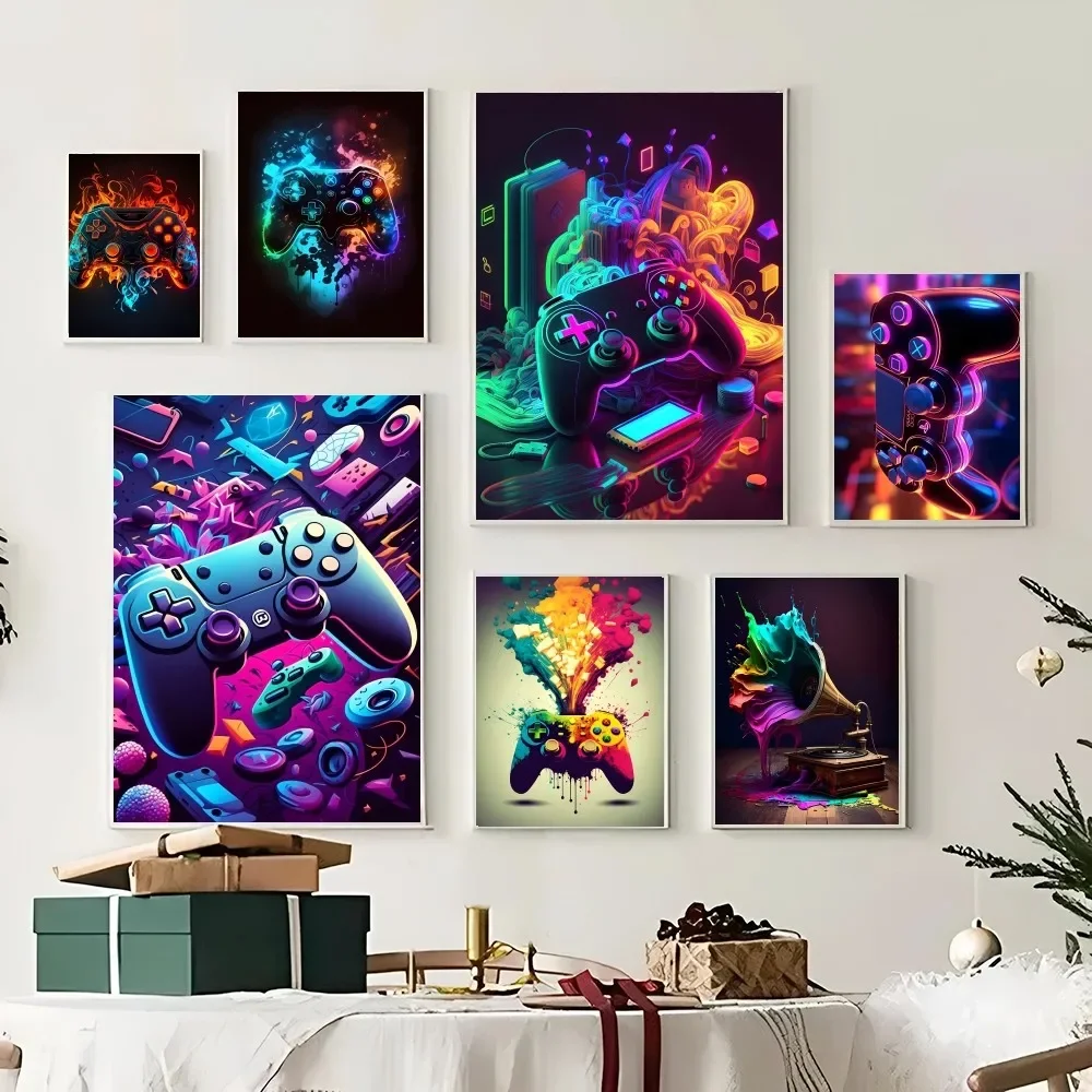 1PC Neon Game Controller Gaming Print Poster Paper Waterproof HD Sticker Bedroom Entrance Home Living Room Bar Wall Art Decor