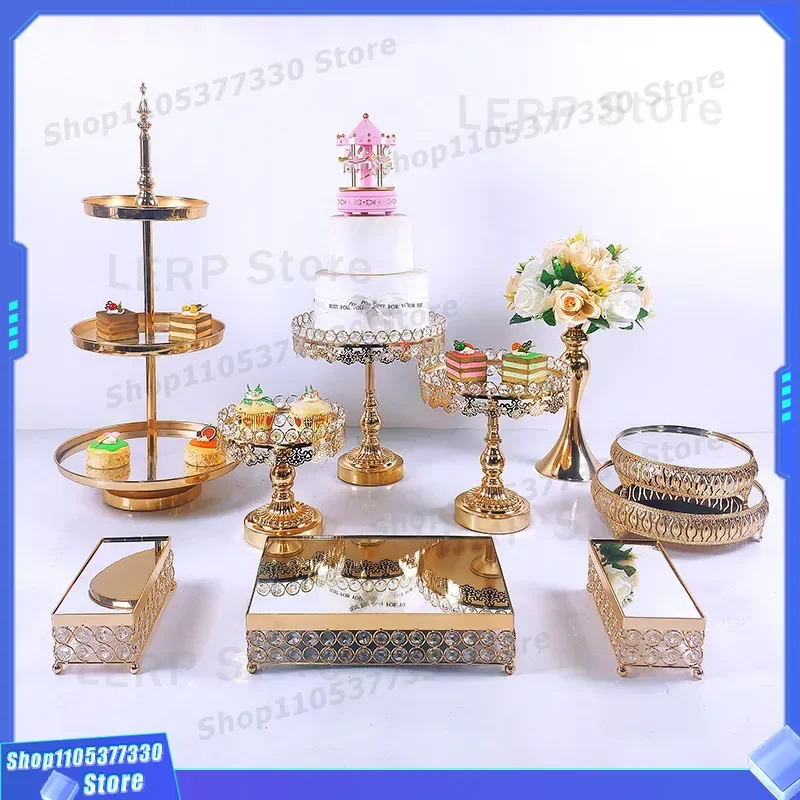 European Style Wrought Iron Cake Stand Golden Wedding Dessert Display Rack Lace Mirror Snack Plate Holder Party Decoration