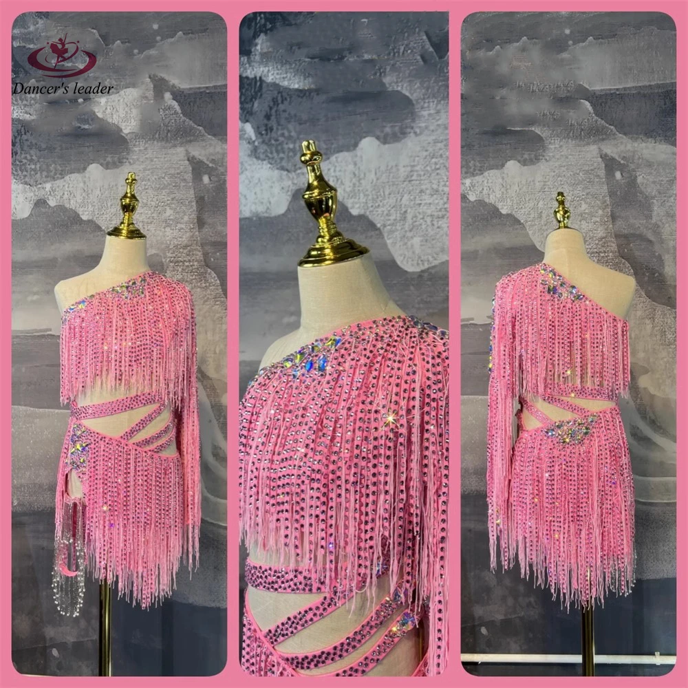 

Latin Dance Competition Women's High-end Custom Girls Pink Diamond Strip Tassel Tango Samba Performance Rhinestone Dress
