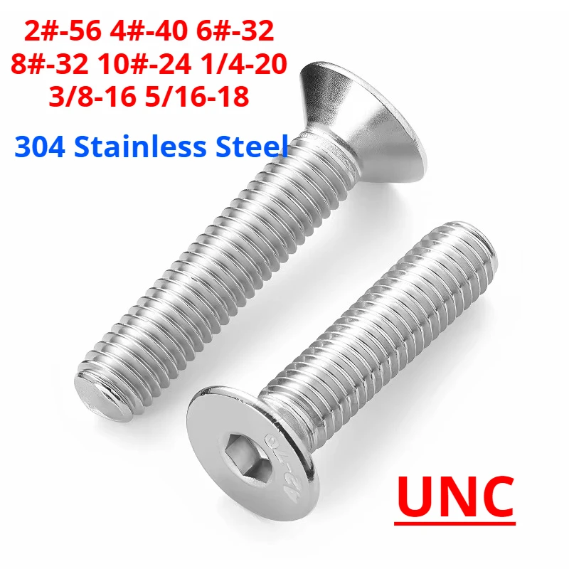 UNC 2# 4# 6# 8# 10# 1/4-20 3/8-16 5/16-18 304 Stainless Steel Countersunk Head Hex Hexagonal Socket Screw Flat Head Allen Bolt