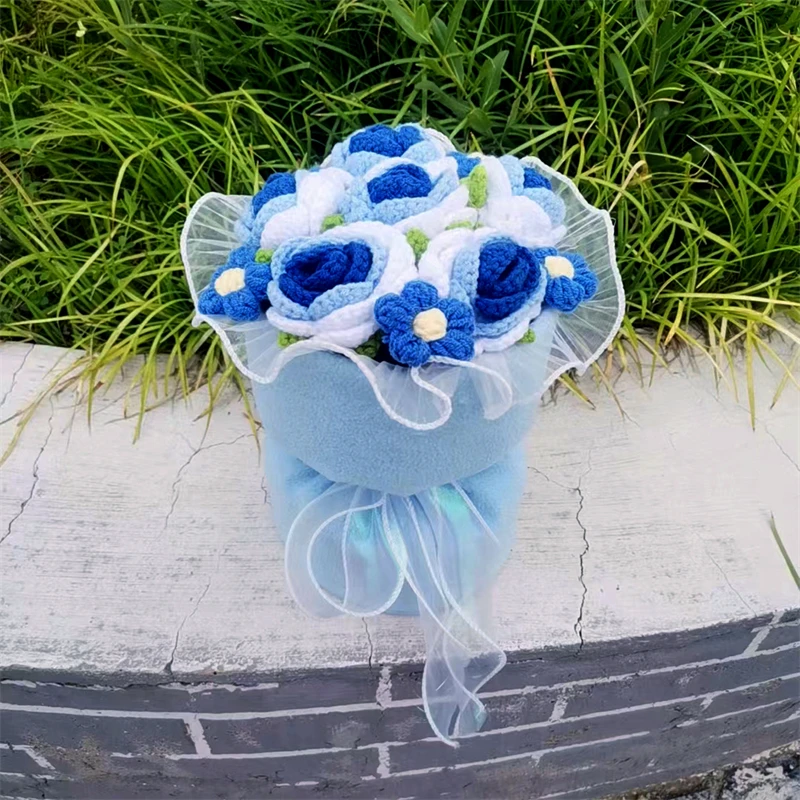 Artificial Pink Flower Roses Knitted Bouquet Handmade Yellow Blue Purple Bouquets Christmas Valentine Mothers' Day Birthday Gift