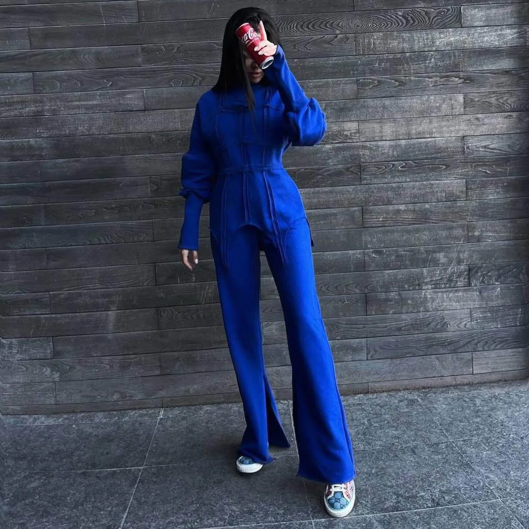 Pajamas for Women Suit Split Long Pants O-neck Irregular Sexy Sleepwear Female Pullover Top 2 Piece Sets Casual Lady Tracksuit