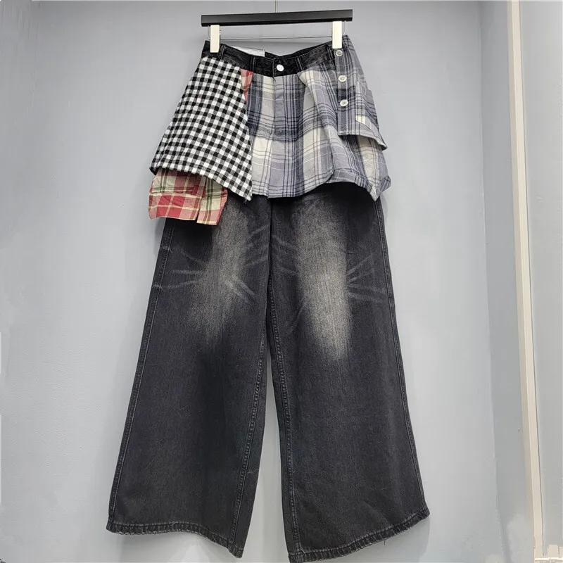 ANJY Herbst Winter Neue Frauen Mode Einzigartige Design Plaid Unregelmäßigen Patchwork Lose Gerade Jeans Trendy Chic Denim Hosen A15827