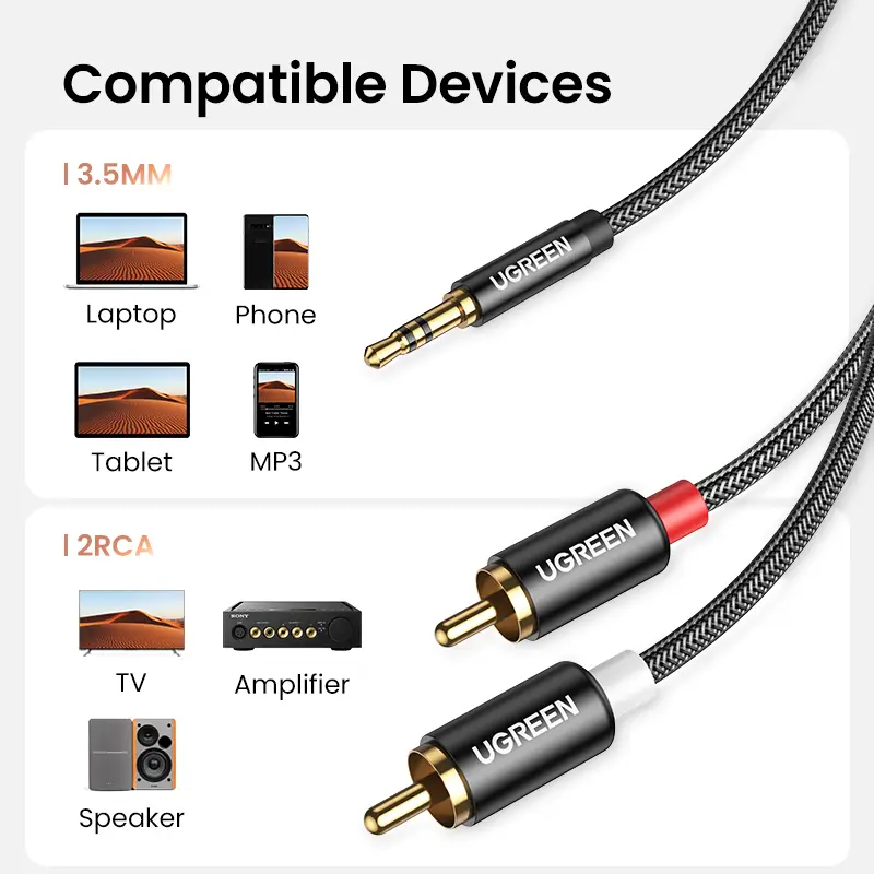 كابل UGREEN 3.5 ملم إلى 2RCA نايلون مضفر محول الصوت المساعد ستيريو Y الخائن الحبل للهواتف الذكية المتكلمين الكمبيوتر اللوحي HDTV MP3 - 6