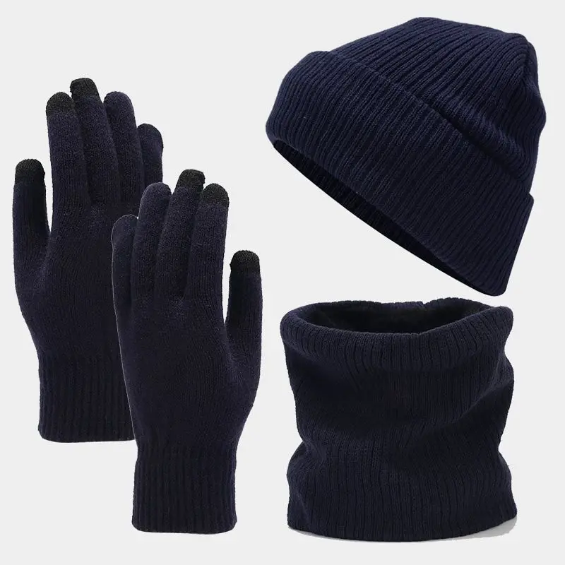 Knitted hat set Pure color muffler gloves three-piece set warm thickened set with velvet outdoor Ski equipment adult Winter