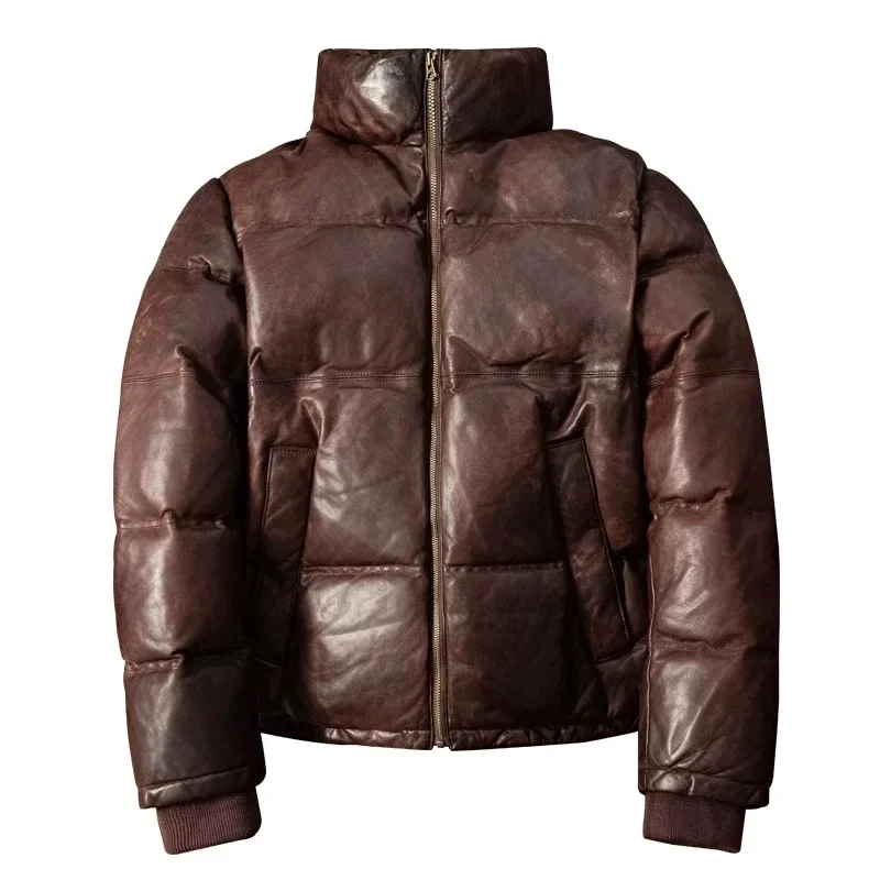 Real Sheepskin Leather Jacket Men\'s Sheep Genuine Leather Thickened Down Warm Jacket For Men Brown Casual Winter Coats