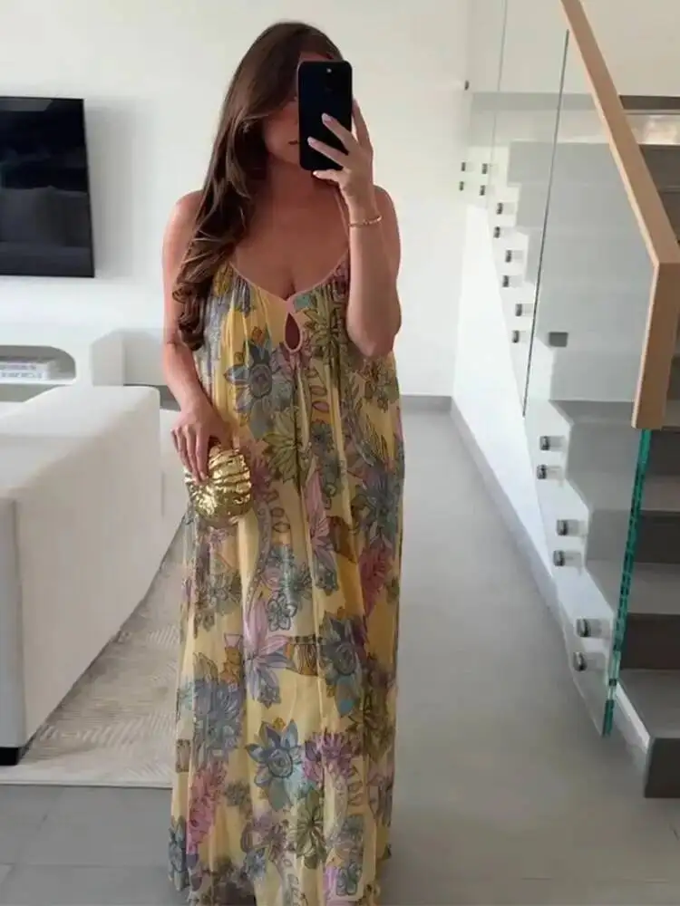 Drucken Floral frauen Kleid Halter V-ausschnitt Ärmel Aushöhlen Gerade Weibliche Kleider Sommer Elegante Urlaub Dame Robe