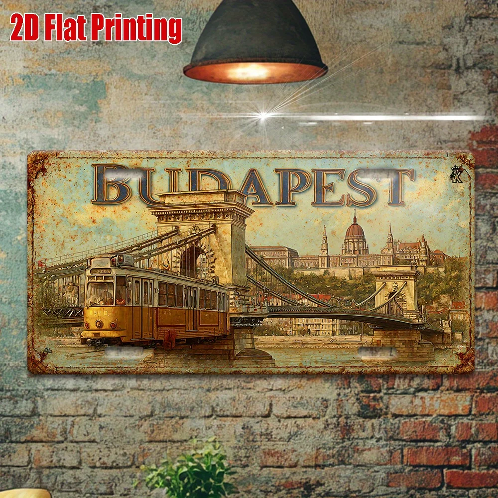 2D Flat - 1pc Vintage Metal Sign | 2D Flat Printing, BUDAPEST Aluminum Sign with Bridge and Tram Scene, For Decoration Only, Out