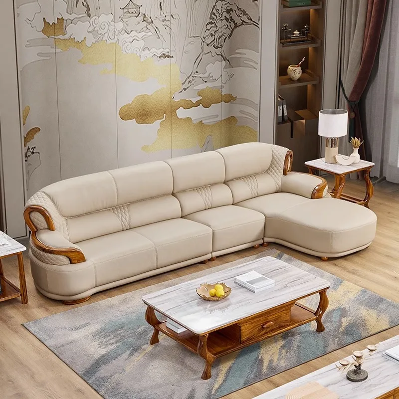 Neuer chinesischer Stil, Leder, Sofa, Kombination, komplett aus Massivholz, Luxus, Wohnzimmer