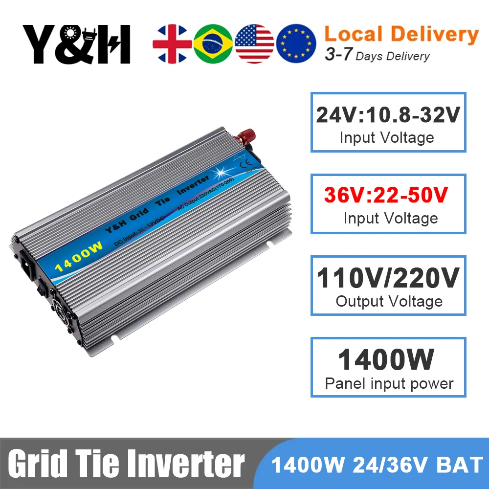 Y&H 1000W 1300W 1400W MPPT Grid Tie Solar Inverter 24V/36V DC to 110V/220V AC Pure Sine Wave Converter for Solar Panels/Battery