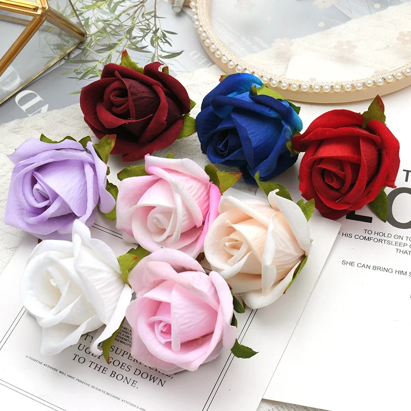 30pcs/5cm High Quality Flannel Rose Bud Artificial Silk Flower Heads DIY Birthday Party Wedding Wrist Flowers Decoration Wreath