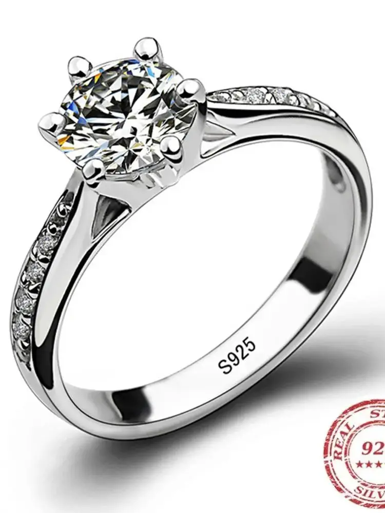 Luksusowy klasyczny pierścionek ze srebra próby 925 dla kobiet Biżuteria z sześcioma pazurami prosty pierścionek z diamentem 70ct imitacja diamentu damski pierścionek — zdjęcie 2