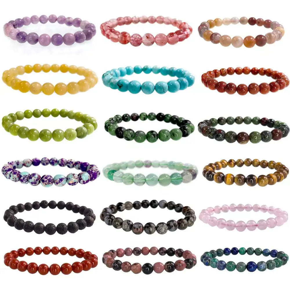 6 8mm Natural Stone Beads Bracelet For Women Men Agate Crystal Quartzs Aquamarines Jades Jewelry Agates Elastic Bangle Bracelets