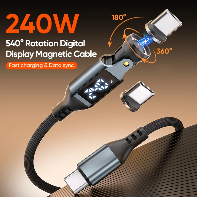 cabo-de-carregamento-rapido-240w-1m-usb-c-para-usb-c-com-display-digital-magnetico-tipo-c-rotativo-540°-°-para-samsung-iphone-16-macbook