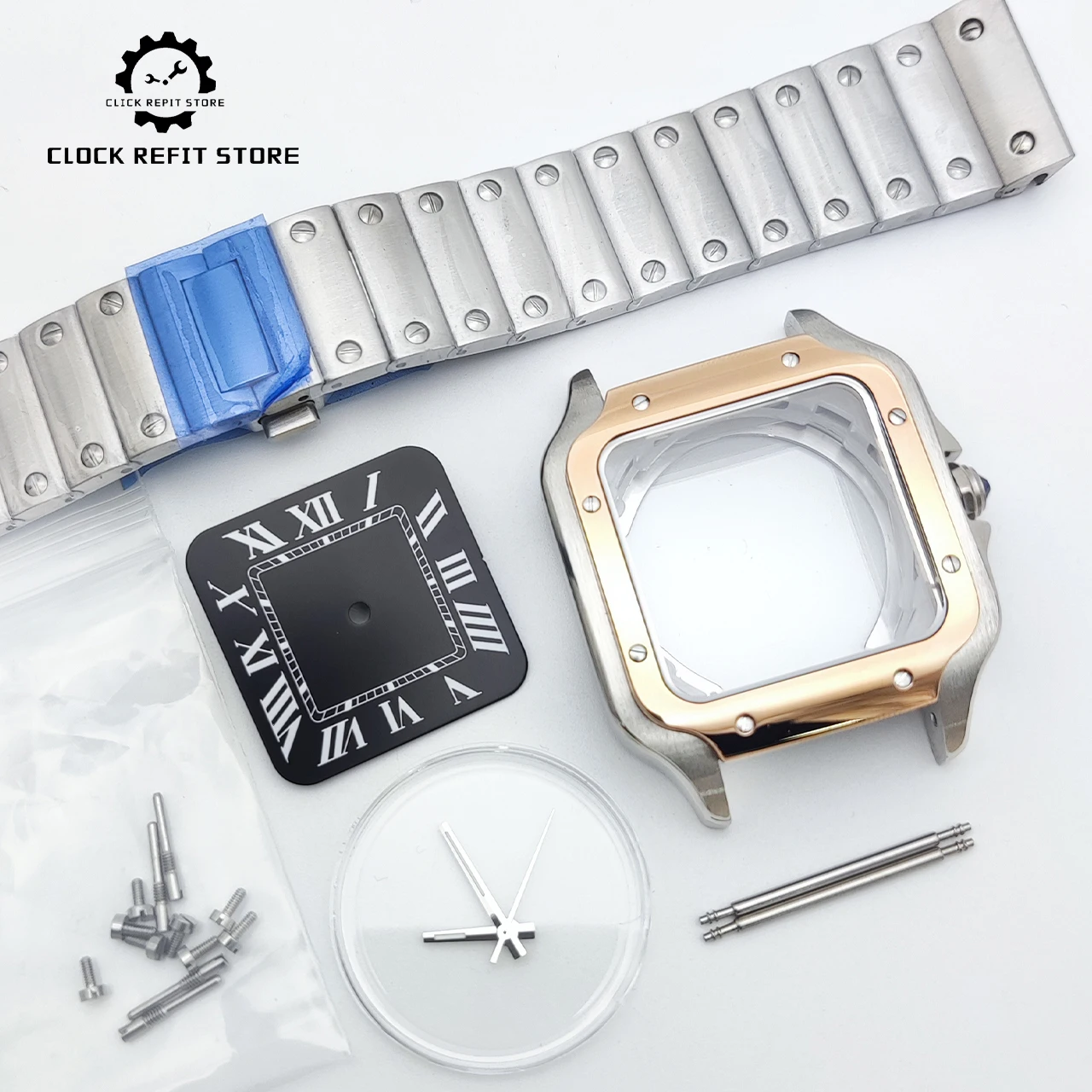 38mm Square Rose Gold PVD NH35 Watch Case Set 316L Steel Bracelet Exhibition Back Fits 27mm Dial Luminous Hands Hot Sale DIY Mod