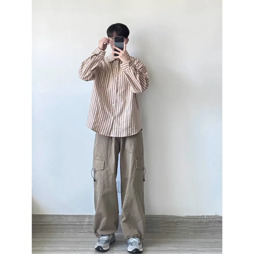 Retro Workwear Shirt Men Long Sleeve Solid Stripe Design Loose Comfort Fit Breathable Cotton Blend Urban Commute Casual Style