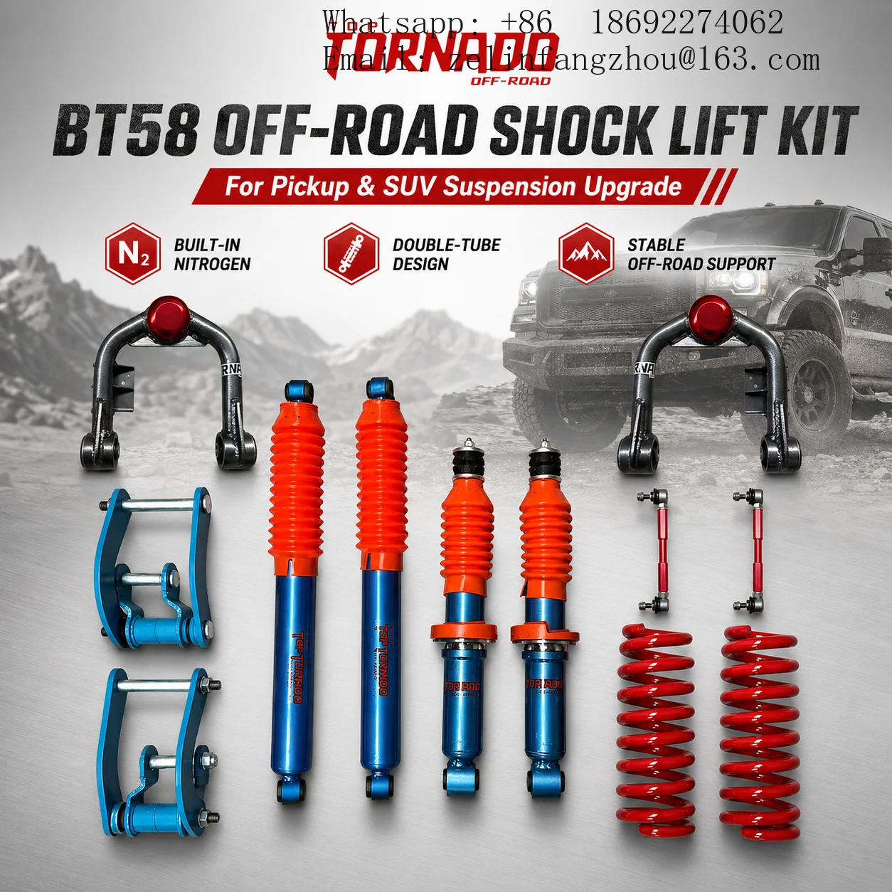 BT58 Nitrogen Shock Absorber Set Heavy Duty Rubber Bushing for Mitsubishi Triton L200 4WD 4x4 Off Road Lifted Pro Kit