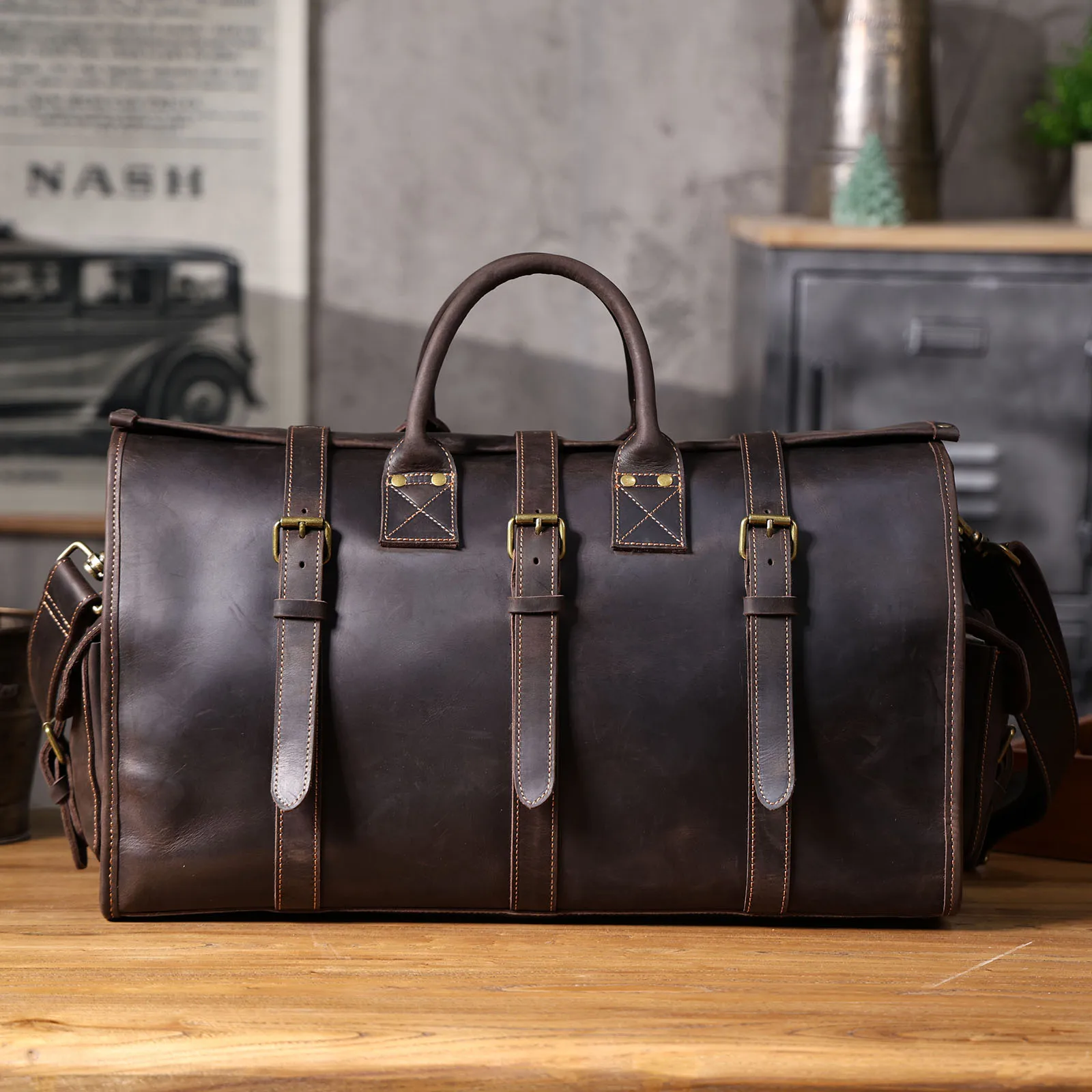 Vintage Echtleder-Reisetasche für Herren, Große Kapazität, Leder-Sporttasche, Klassischer Stil, Wochenendtasche, Übernachtungstasche – Detail 7