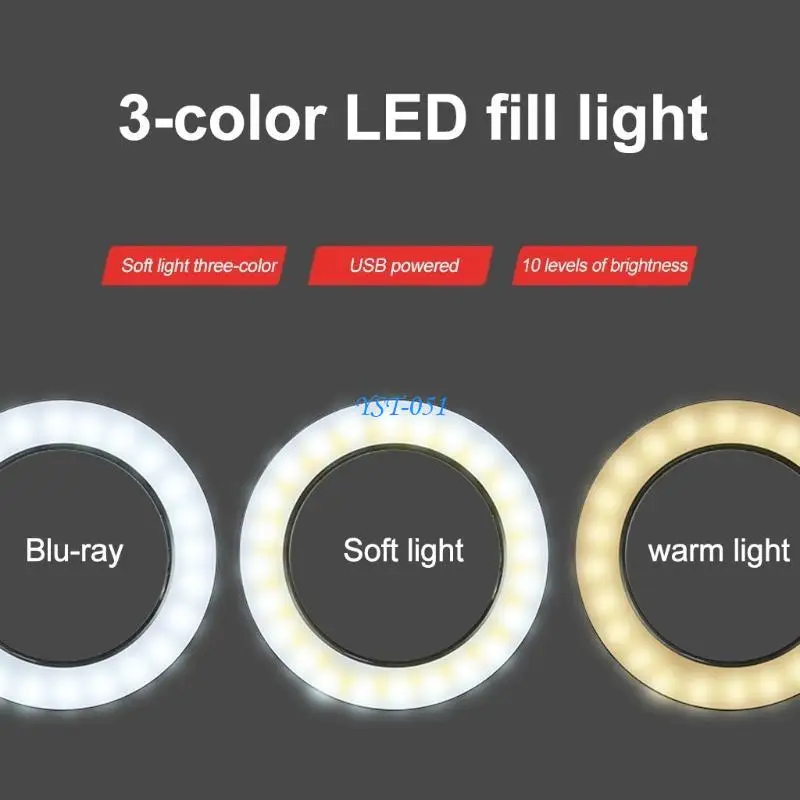 

E15A 10X LED Lamp 360°Flexible Phone Holder Metal Clamp Lamp 3 Color Modes Illuminated Magnifier Selfie Ring Light