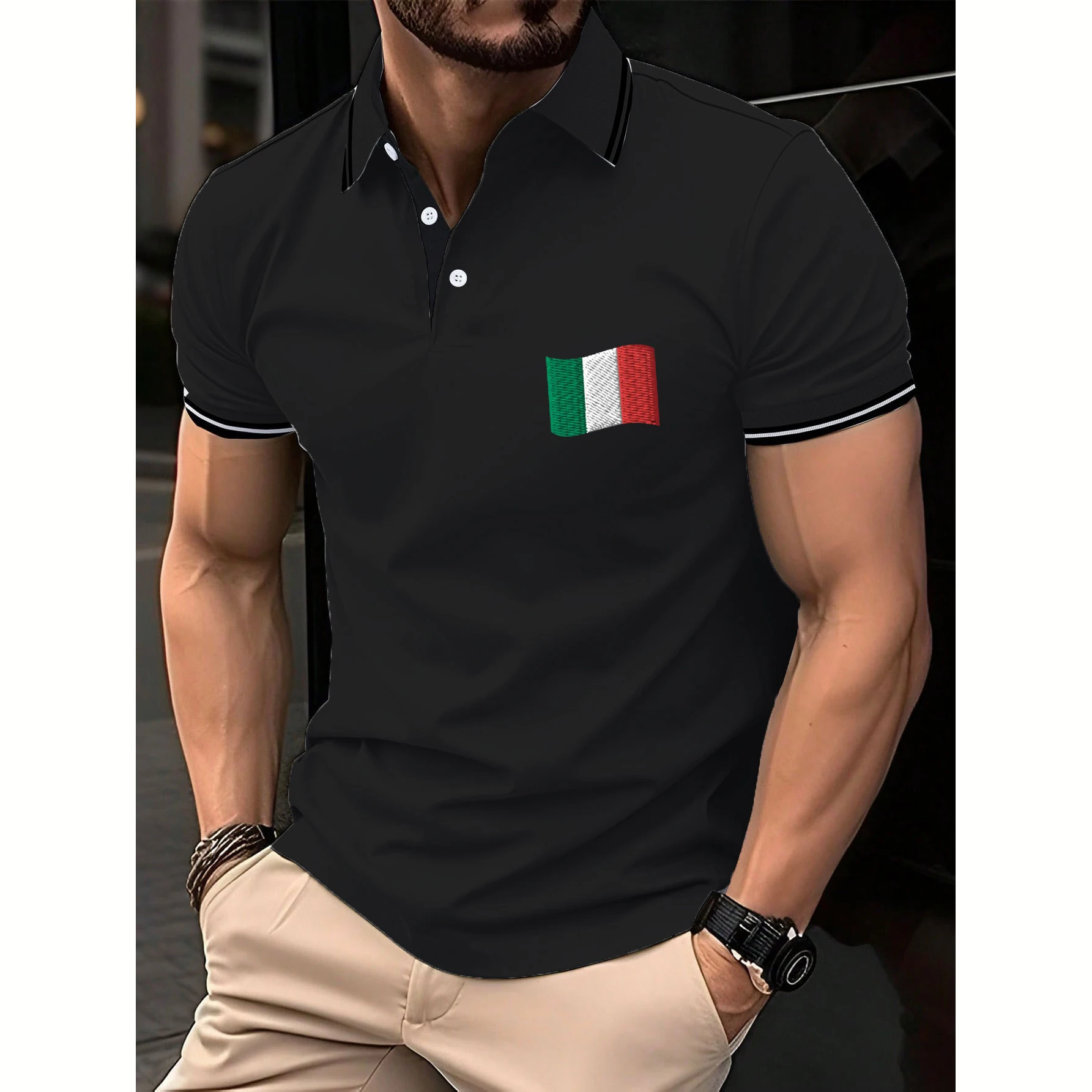 Business Casual Men\'s Polo T Shirt Flag Print Summer Short Sleeve Mexican T-Shirt Cardigan Top Street Male Oversized Clothing