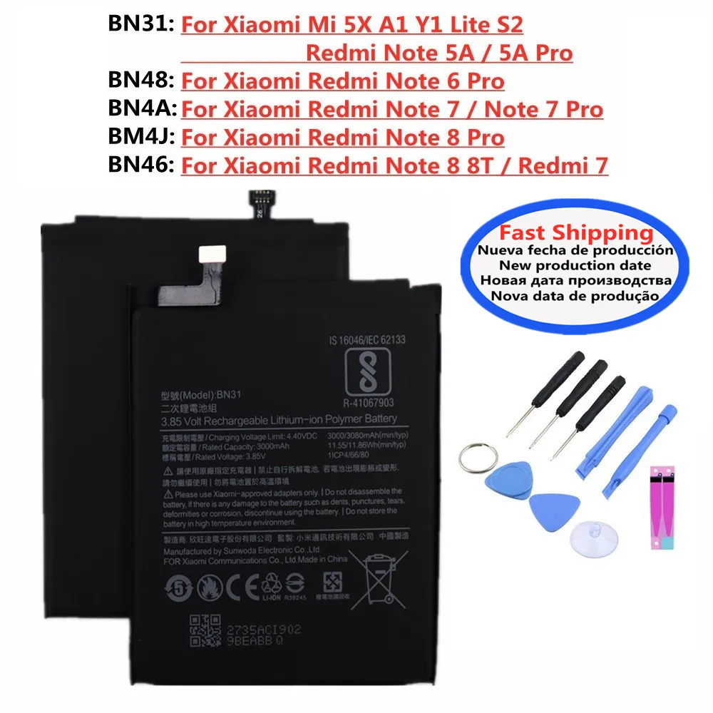 2024 год, 100% оригинальный аккумулятор для Xiaomi Redmi Note 5A Pro / 6 Pro / 7 Pro / 8 Pro 8T 7Pro Mi 5X A1 Y1 Lite S2, аккумулятор для телефона