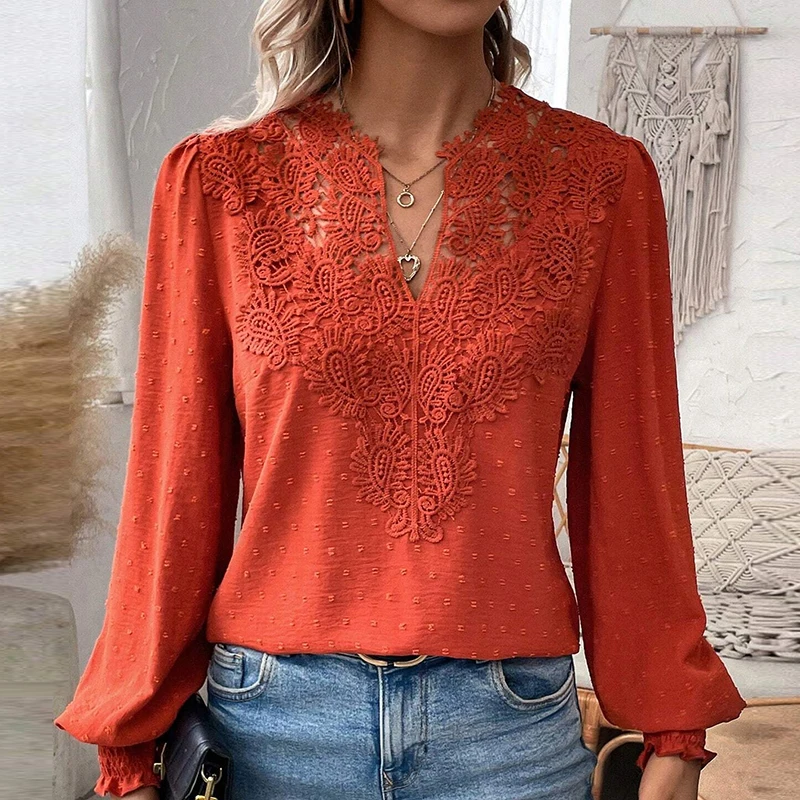 Fashion Blouse For Womens Elegant V Neck Lace Patchwork Long Sleeve Shirt White Casual Women Pulovers