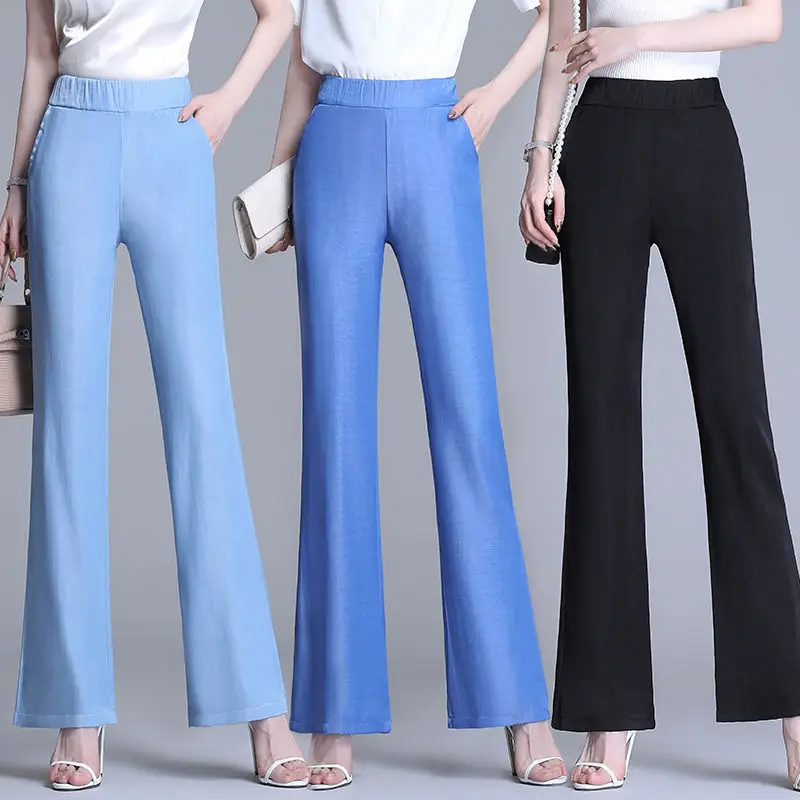 Spring Autumn New Elastic High Waist Loose Korean Casual All-match Women Straight Trousers Office Lady Fashion Solid Flare Pants